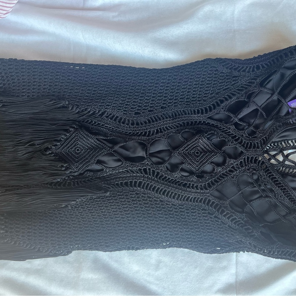 Ralph Lauren Purple Label Hand Crochet Long Fringe Black Gown